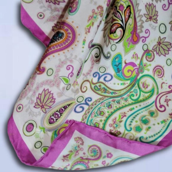 Codello Pink Paisley 100% Silk Scarf | Vibrant Boho Floral 21"x21" - Picture 9 of 12